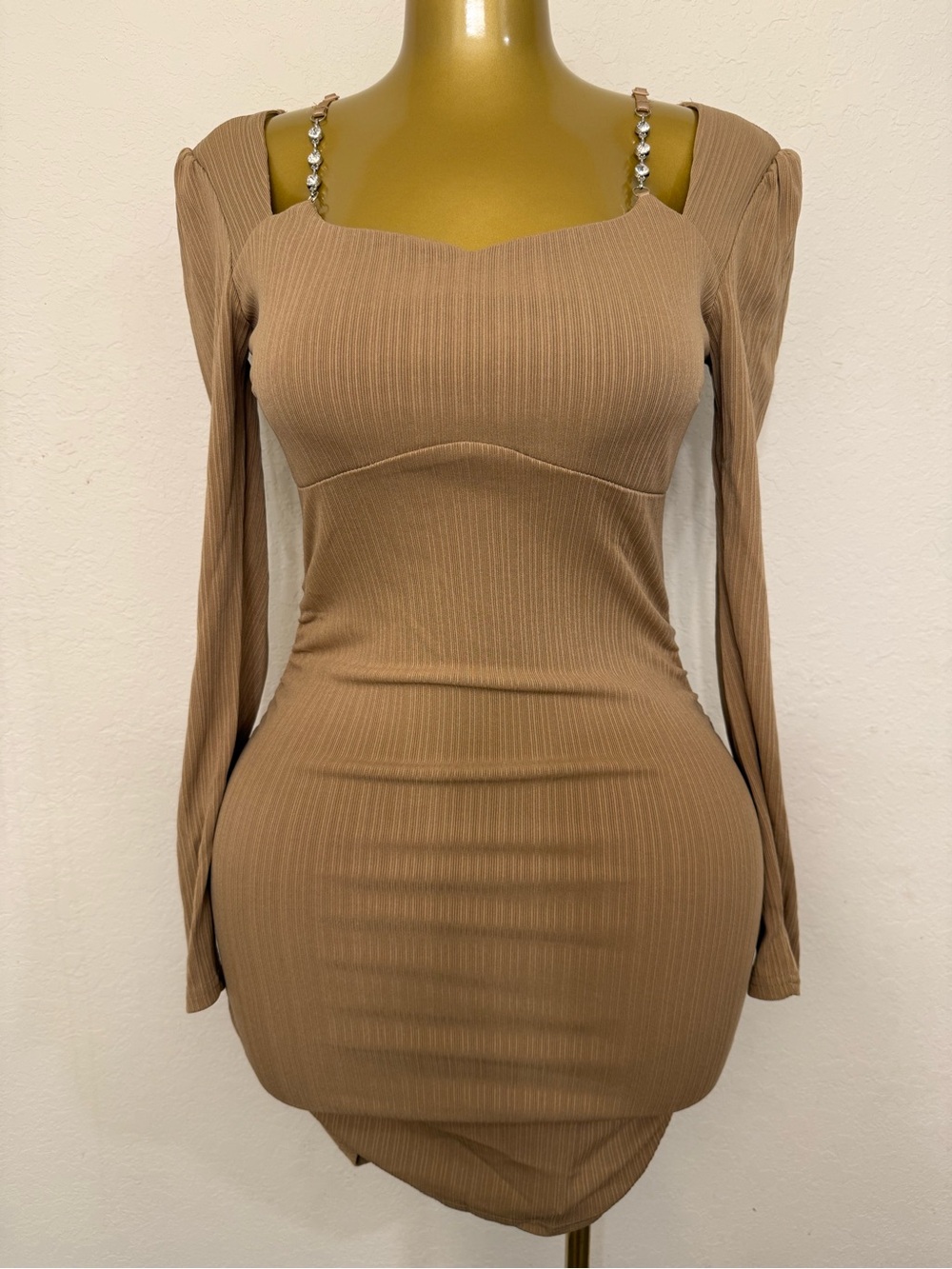 Ribbed Long-Sleeve Bodycon Dress in Camel